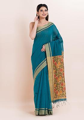 Teal Blue Embroidered Cotton Saree Set