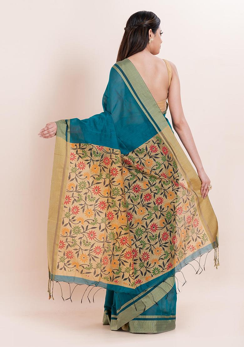 Teal Blue Embroidered Cotton Saree Set