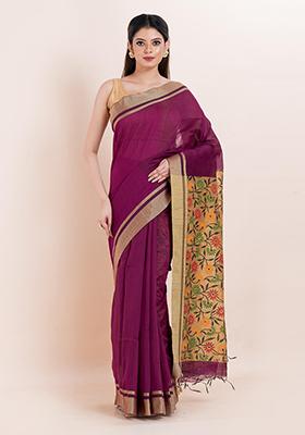 Purple Embroidered Cotton Saree Set