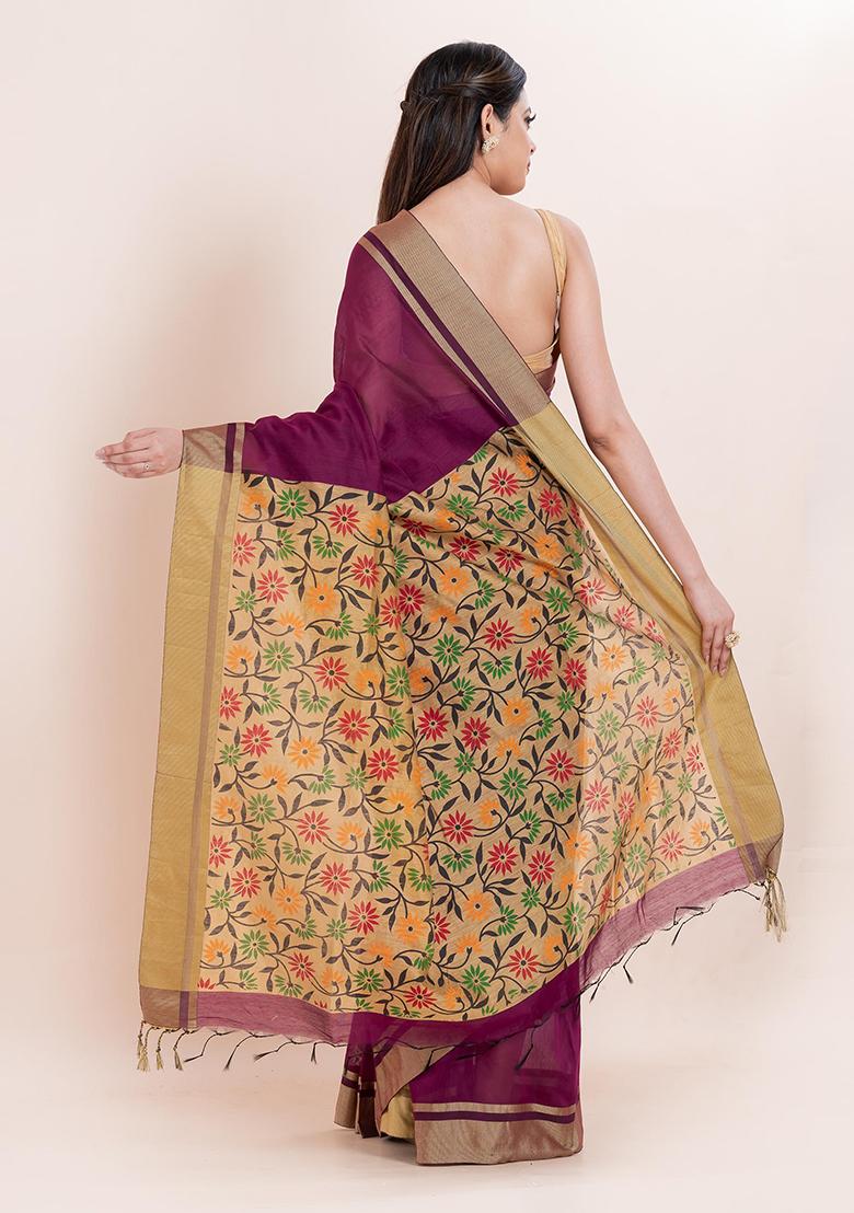 Purple Embroidered Cotton Saree Set