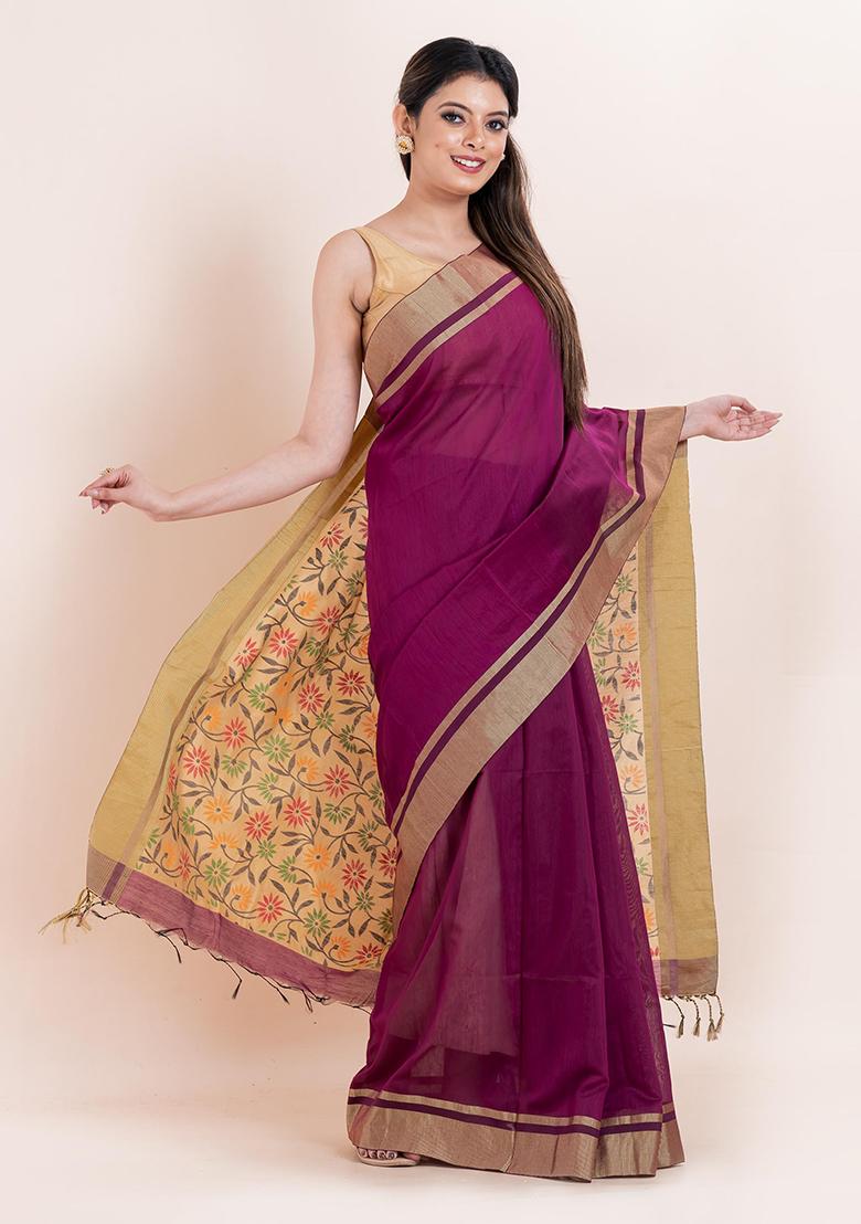 Purple Embroidered Cotton Saree Set