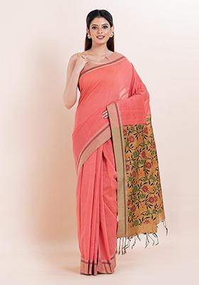 Peach Embroidered Cotton Saree Set
