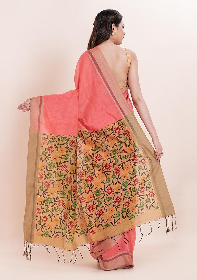 Peach Embroidered Cotton Saree Set