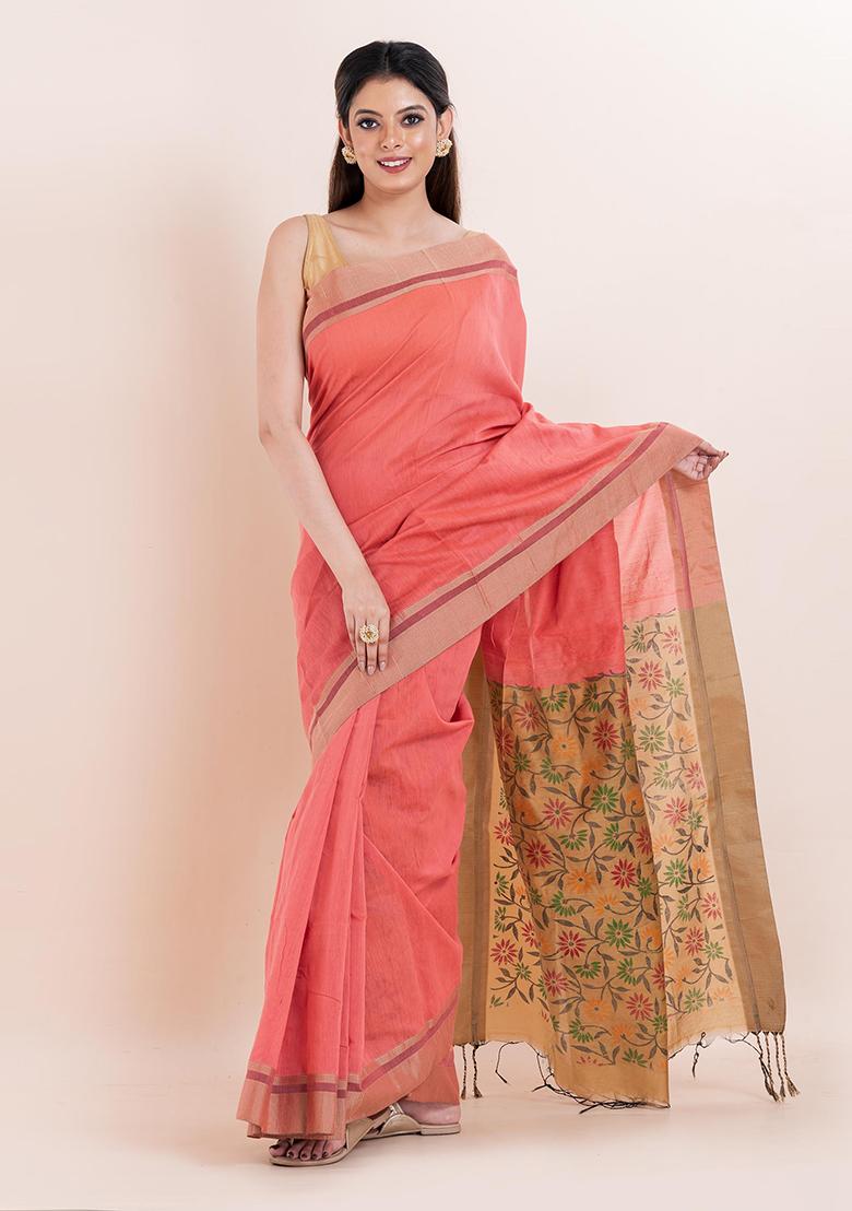 Peach Embroidered Cotton Saree Set
