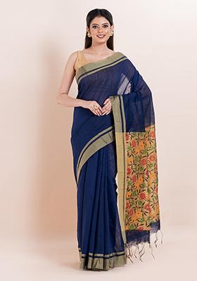 Blue Embroidered Cotton Saree Set