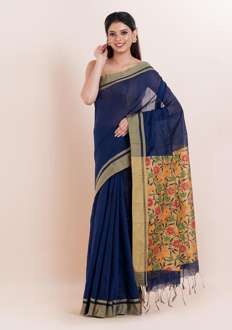 Blue Embroidered Cotton Saree Set