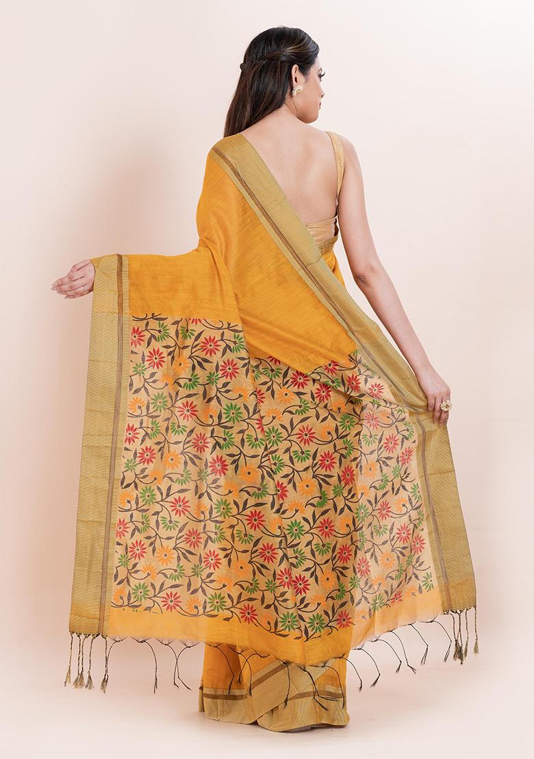 Mustard Yellow Embroidered Cotton Saree Set