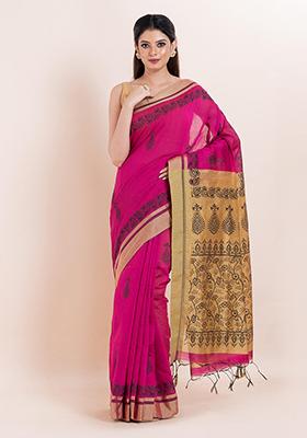 Magenta Pink Embroidered Cotton Saree Set