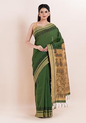 Green Embroidered Cotton Saree Set