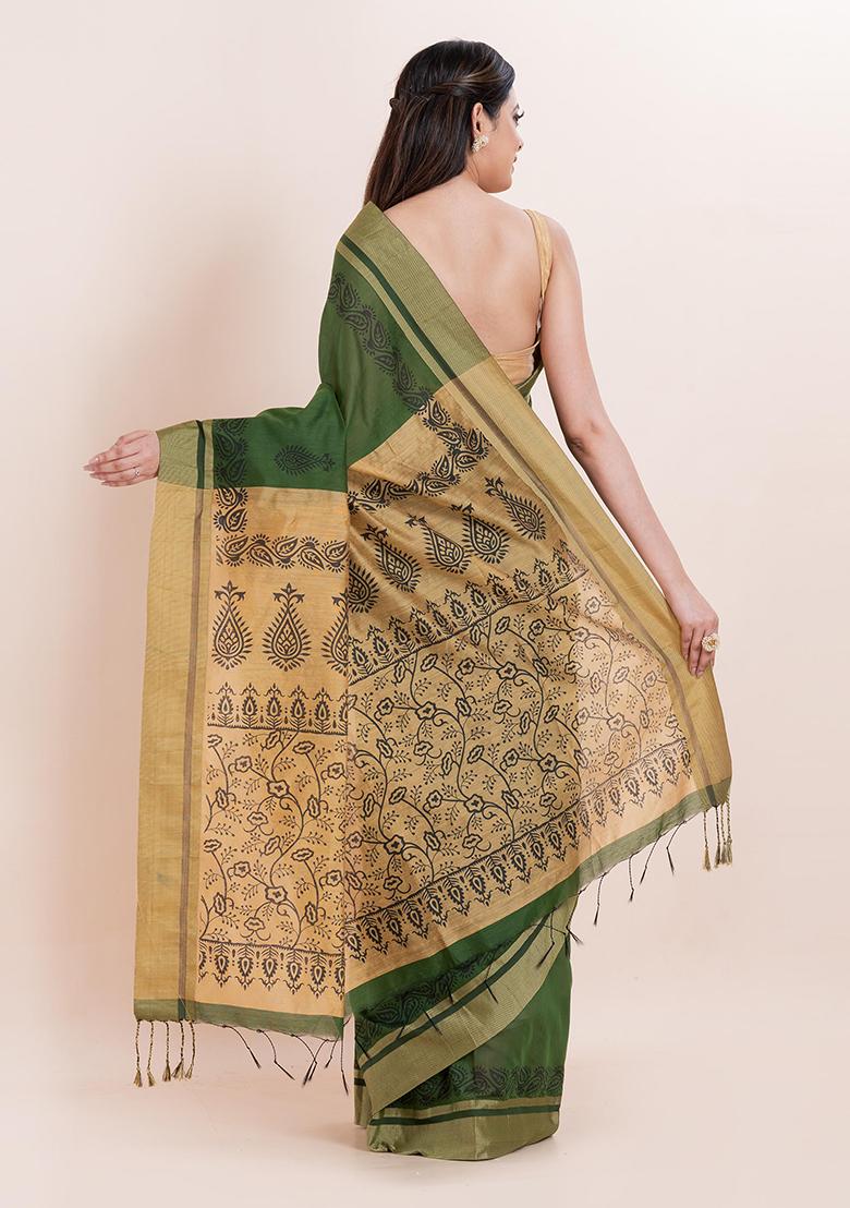Green Embroidered Cotton Saree Set