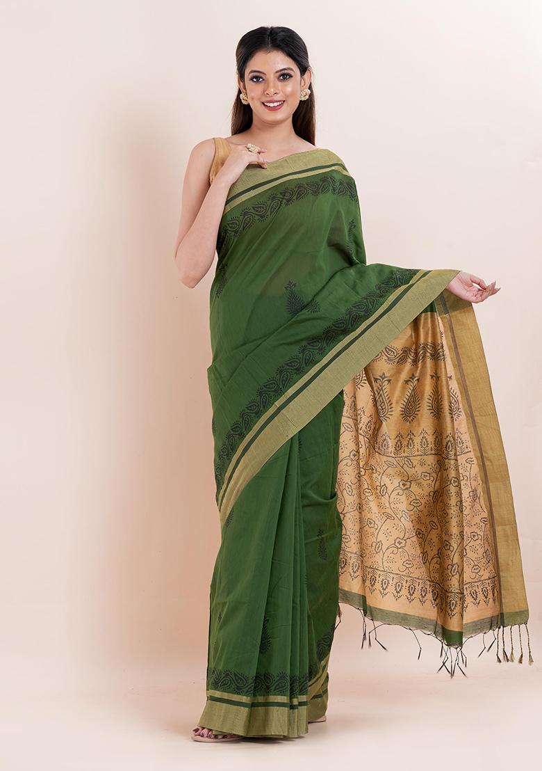 Green Embroidered Cotton Saree Set