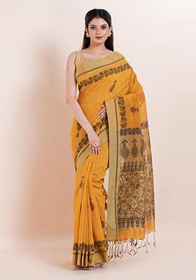 Mustard Yellow Embroidered Cotton Saree Set