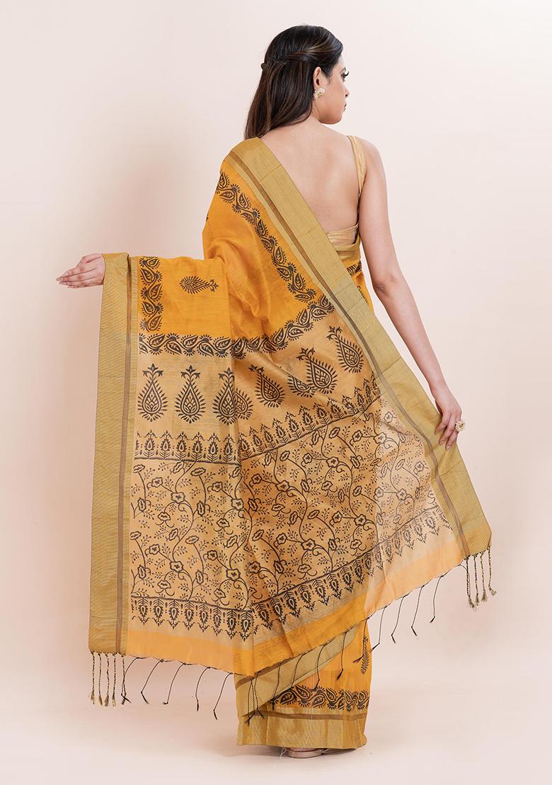Mustard Yellow Embroidered Cotton Saree Set