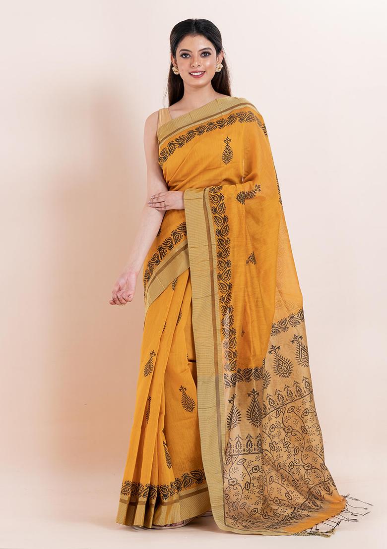 Mustard Yellow Embroidered Cotton Saree Set