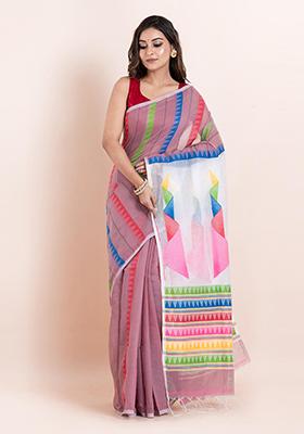 Multicolour Embroidered Cotton Saree Set