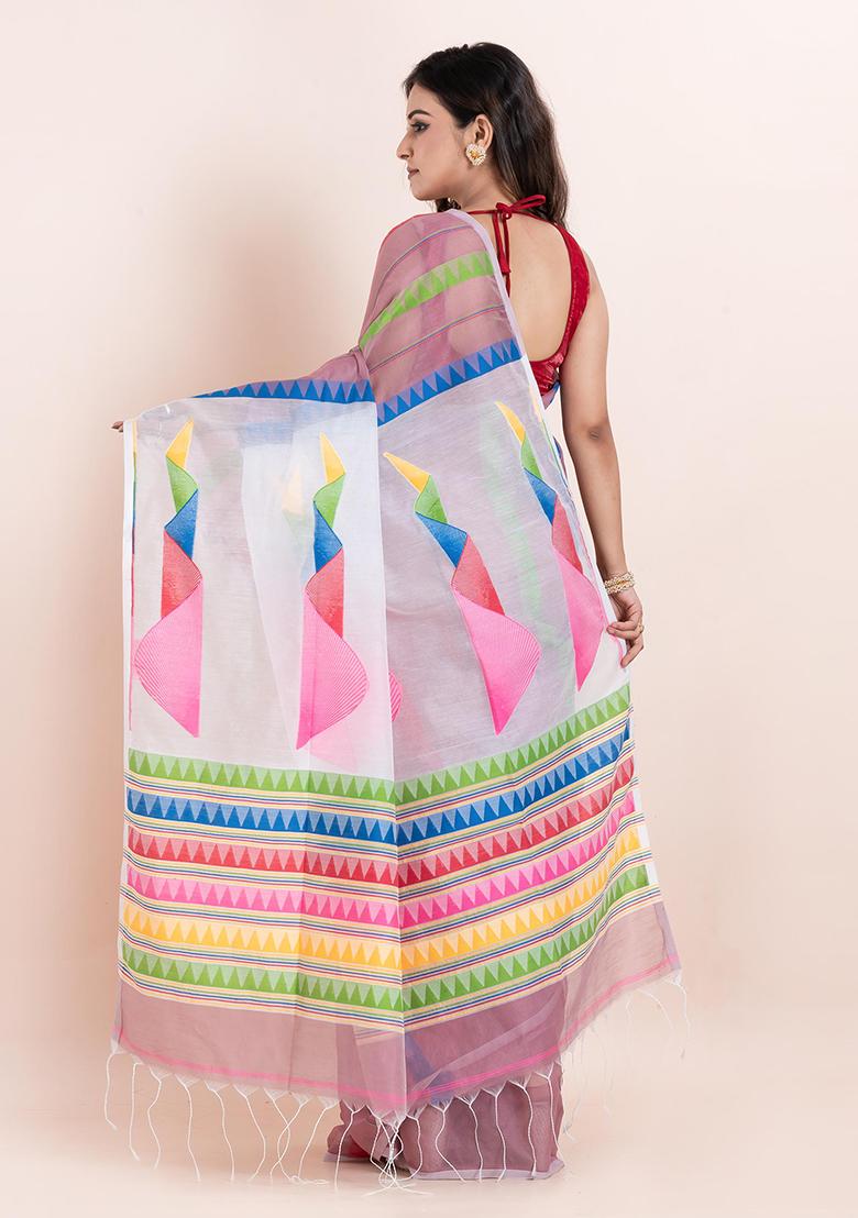 Multicolour Embroidered Cotton Saree Set