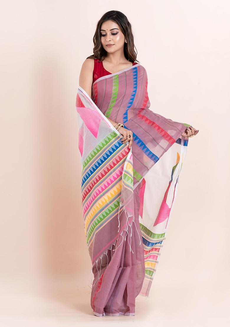 Multicolour Embroidered Cotton Saree Set