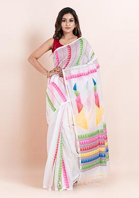 Off White Embroidered Cotton Saree Set