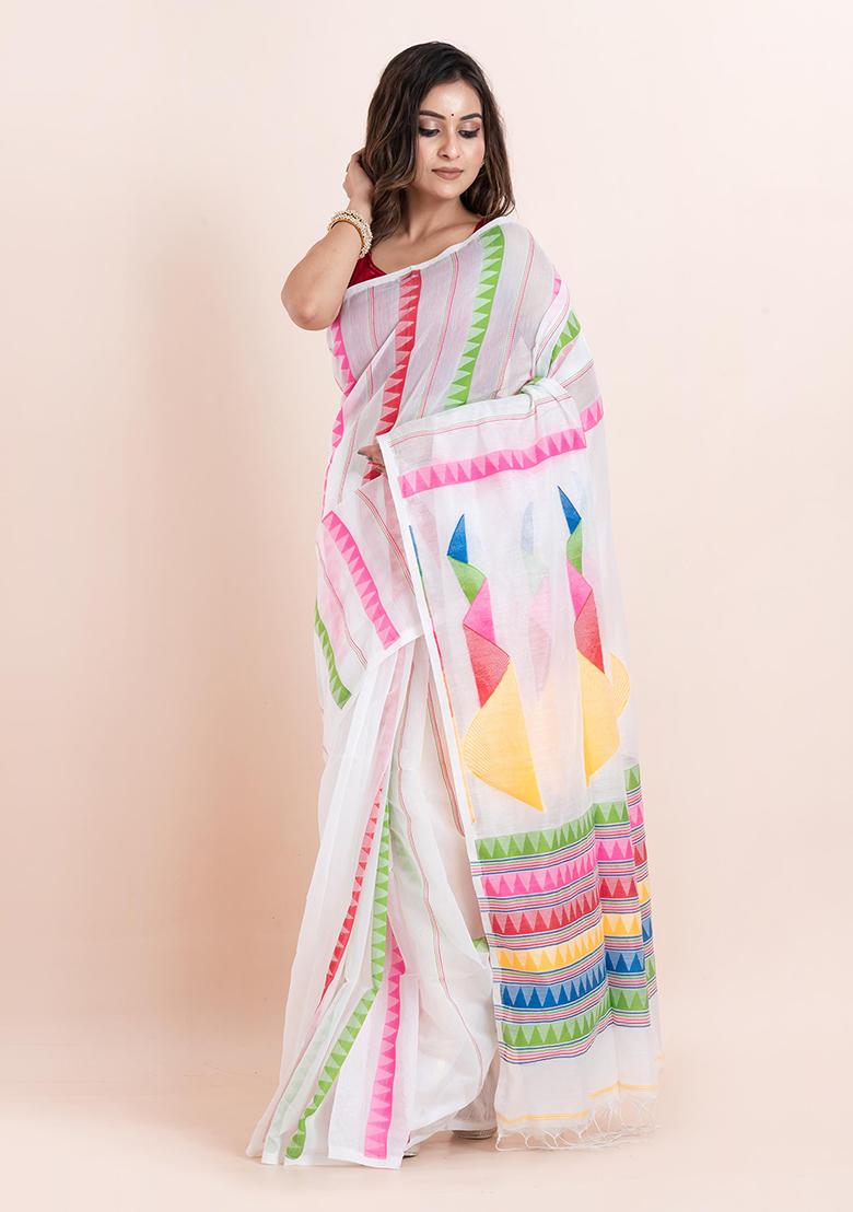 Off White Embroidered Cotton Saree Set