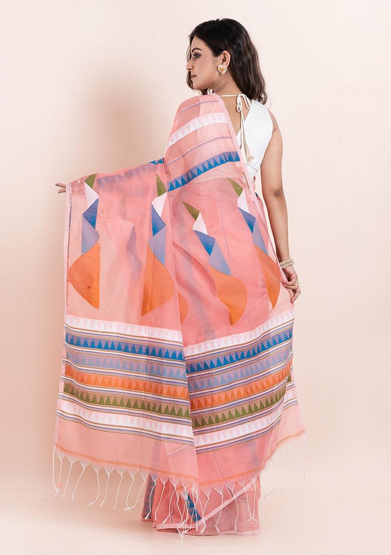 Peach Embroidered Cotton Saree Set