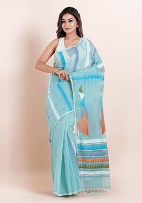 Sky Blue Embroidered Cotton Saree Set