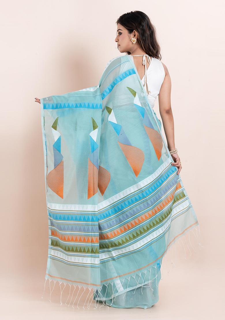 Sky Blue Embroidered Cotton Saree Set