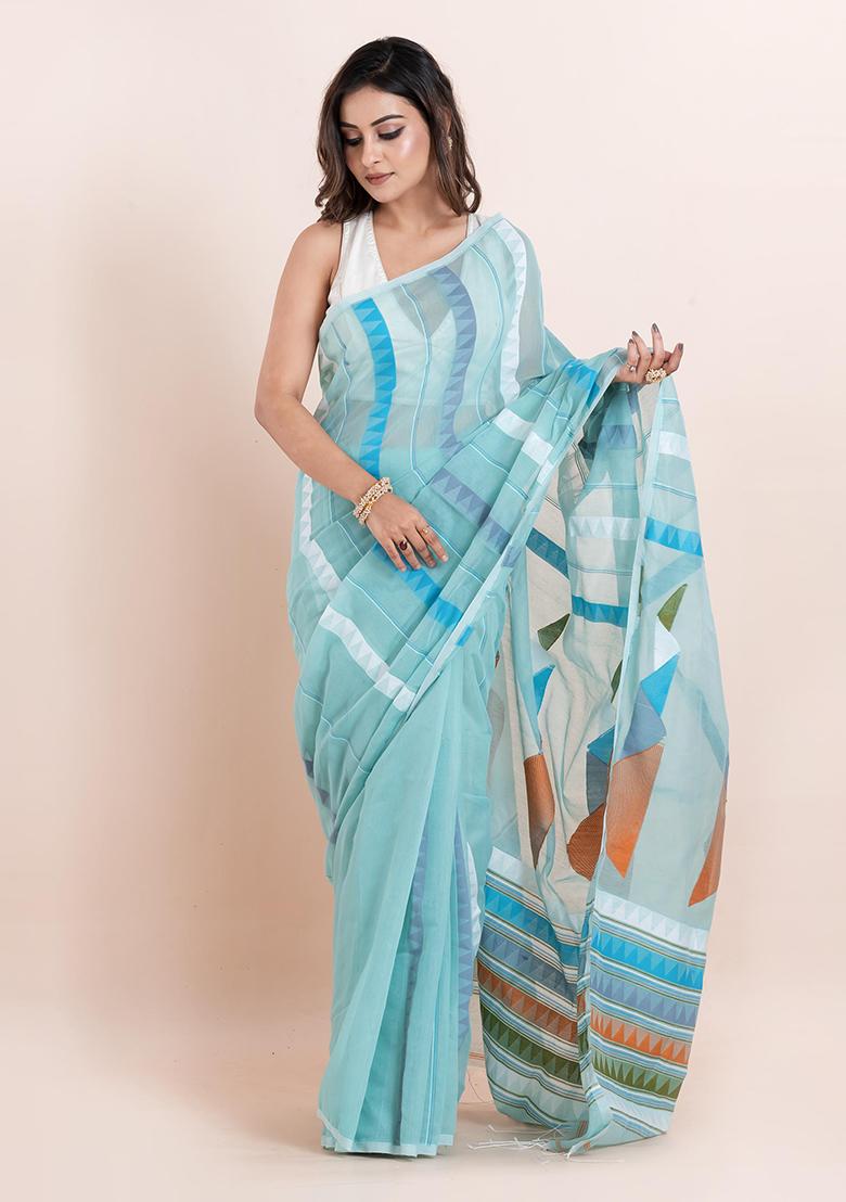 Sky Blue Embroidered Cotton Saree Set