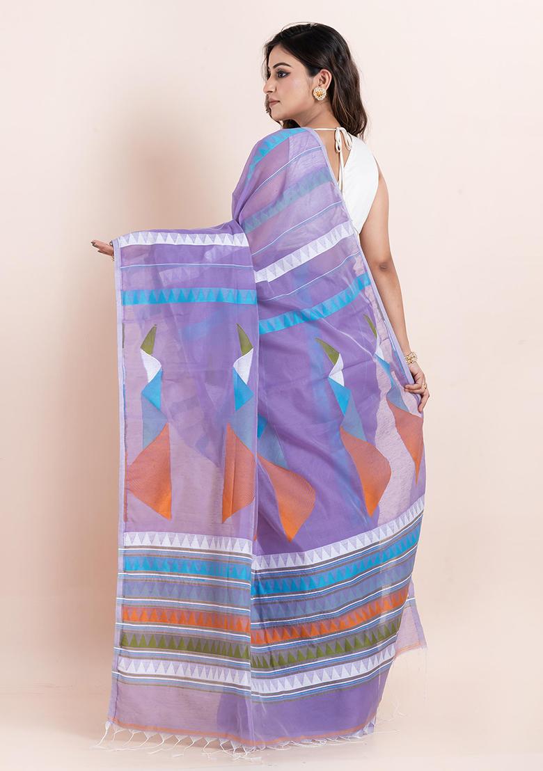 Mauve Purple Embroidered Cotton Saree Set