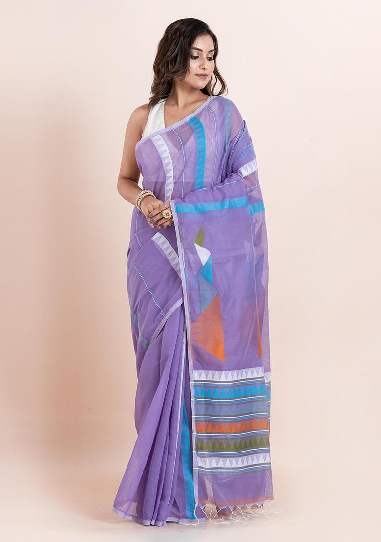 Mauve Purple Embroidered Cotton Saree Set