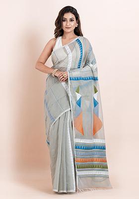 Grey Embroidered Cotton Saree Set
