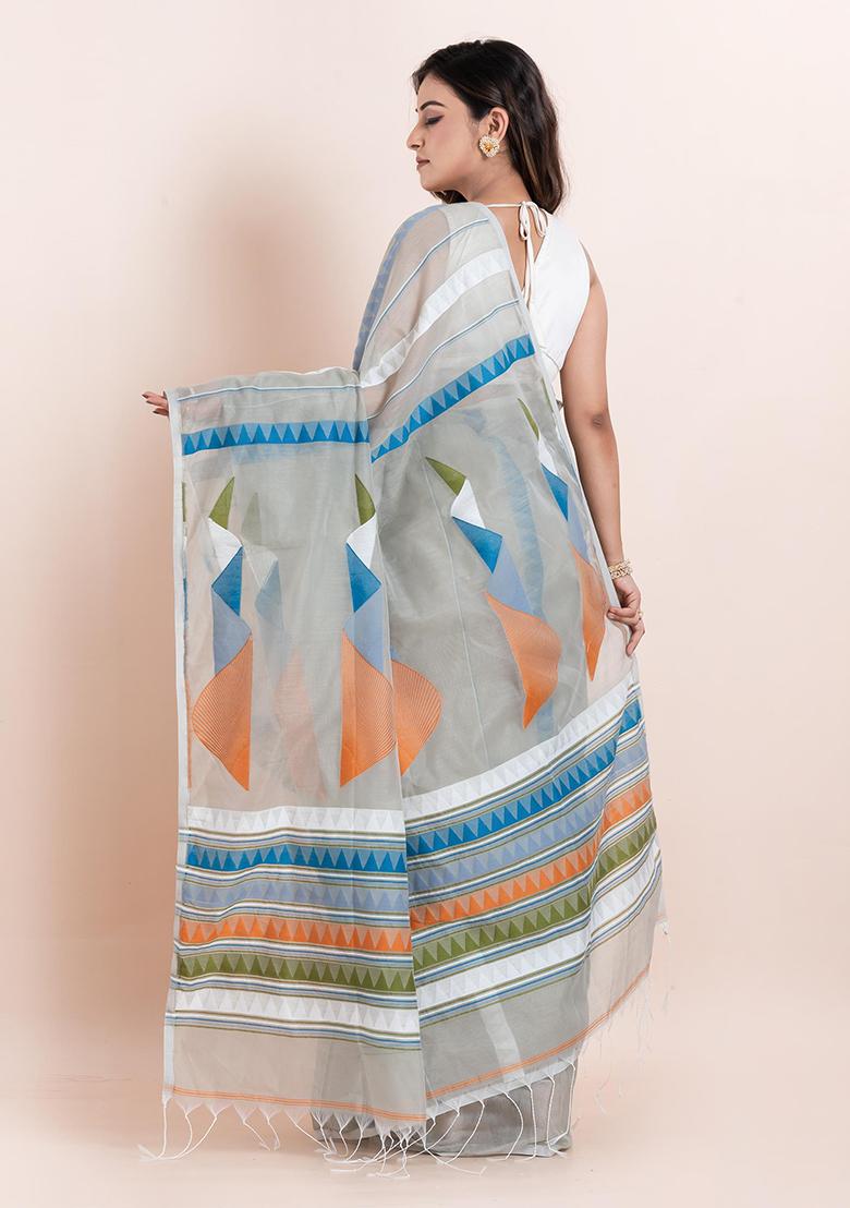 Grey Embroidered Cotton Saree Set