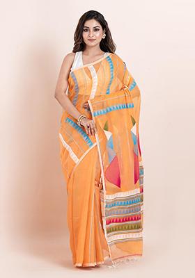 Orange Embroidered Cotton Saree Set
