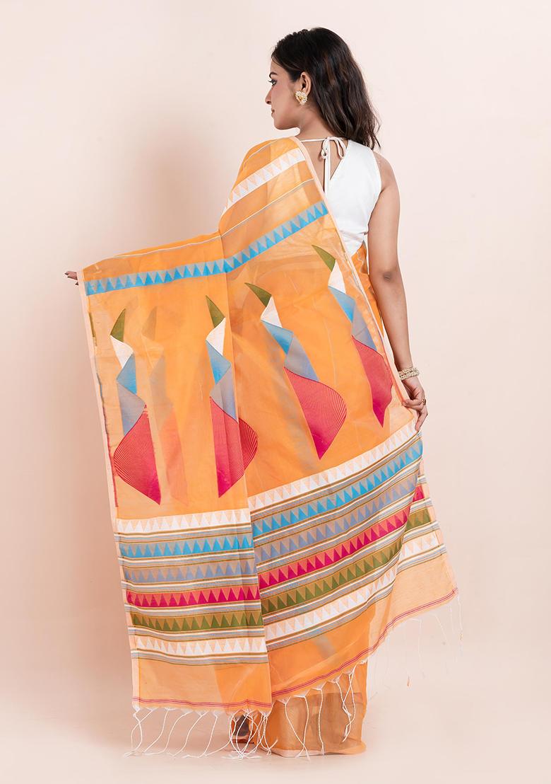 Orange Embroidered Cotton Saree Set