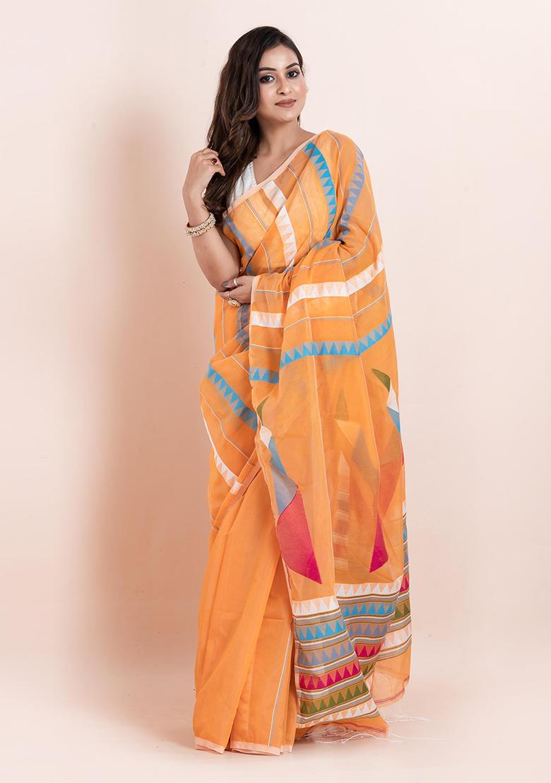 Orange Embroidered Cotton Saree Set