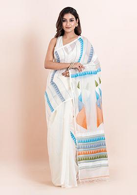 White Embroidered Cotton Saree Set