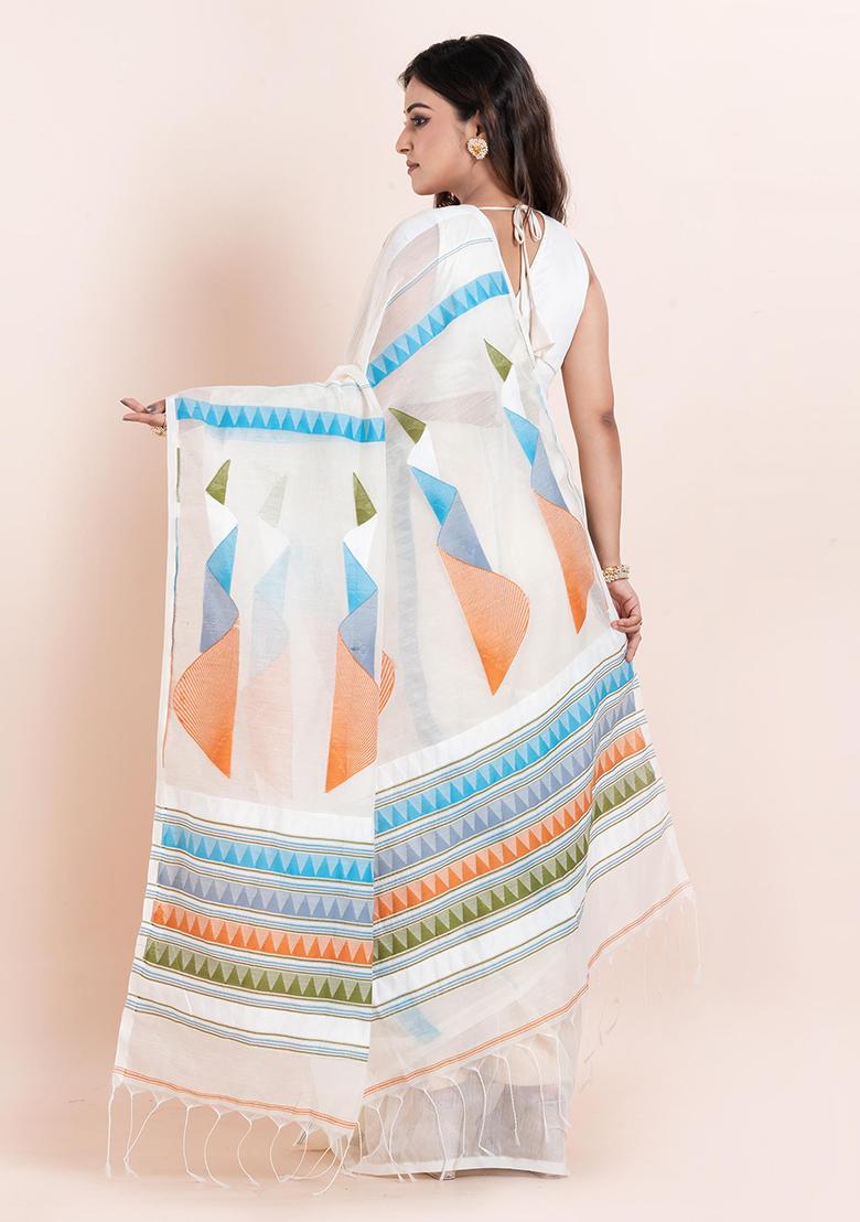 White Embroidered Cotton Saree Set