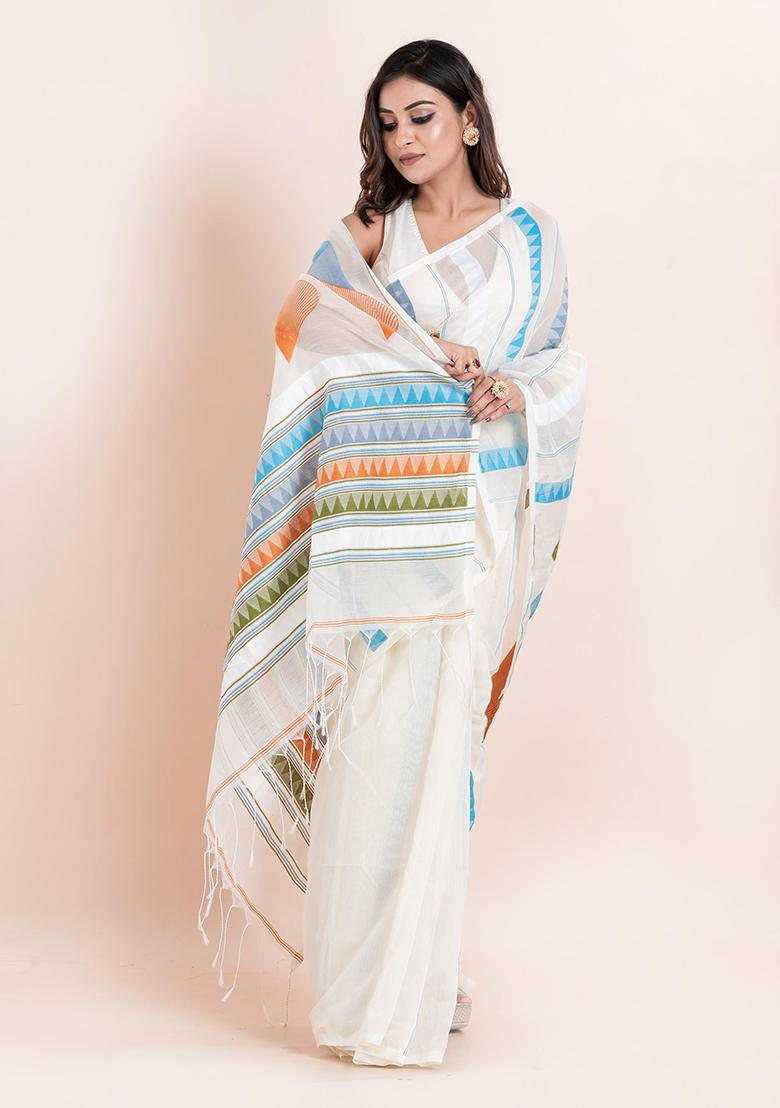 White Embroidered Cotton Saree Set