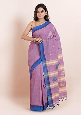 Mauve Purple Printed Cotton Saree Set