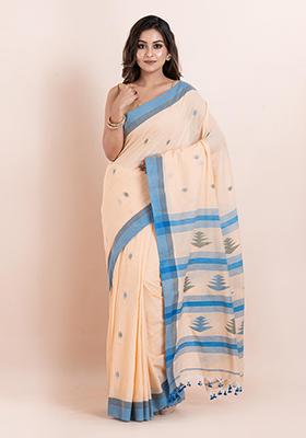 Beige Printed Cotton Saree Set