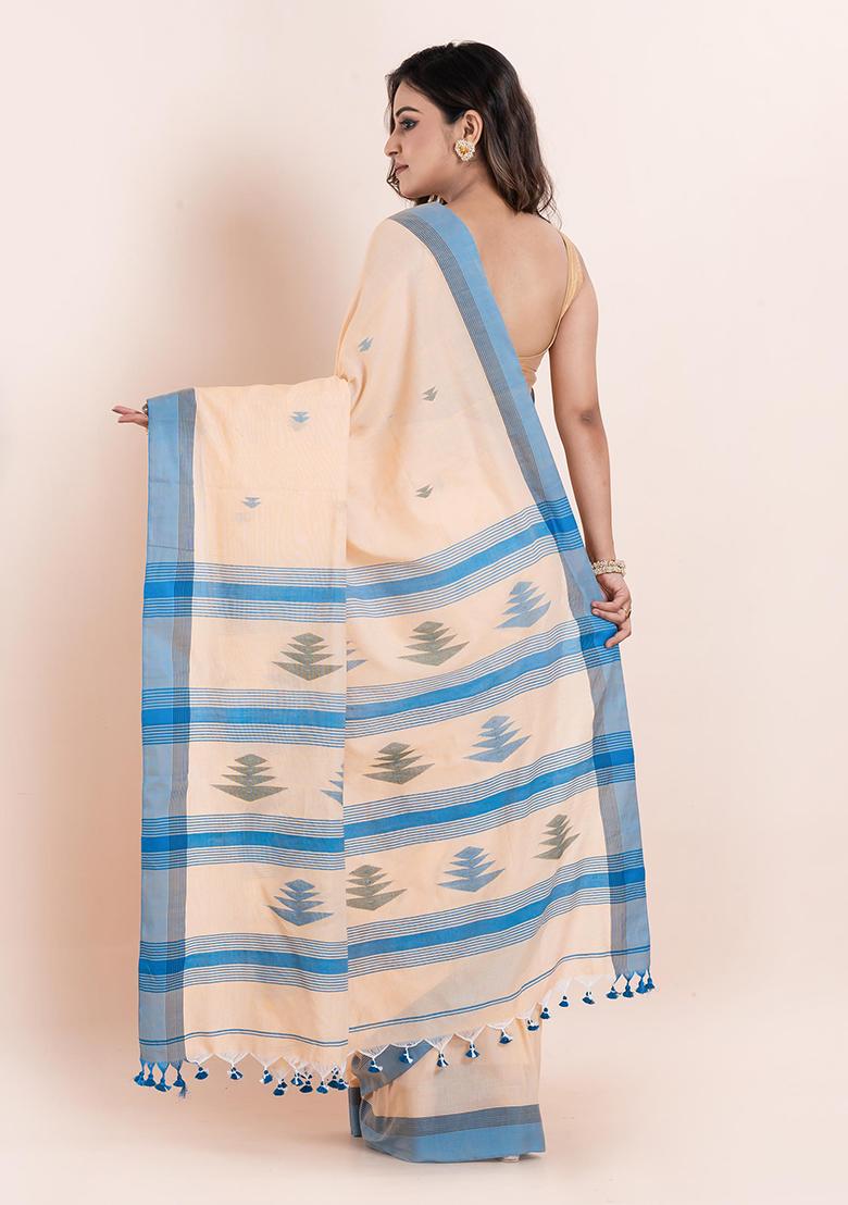 Beige Printed Cotton Saree Set