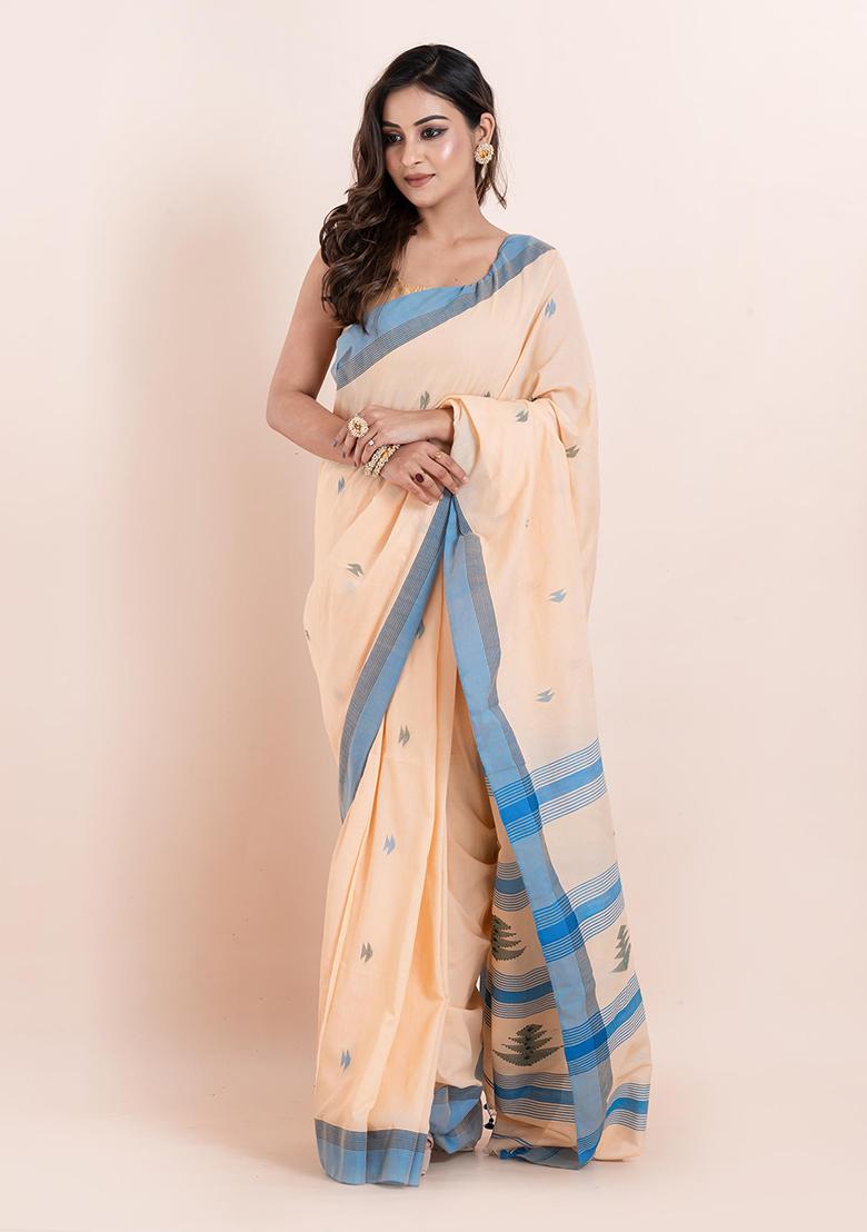 Beige Printed Cotton Saree Set