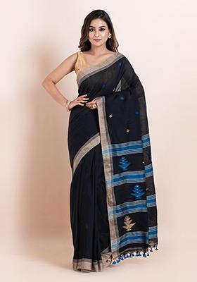 Black Printed Cotton Saree Set