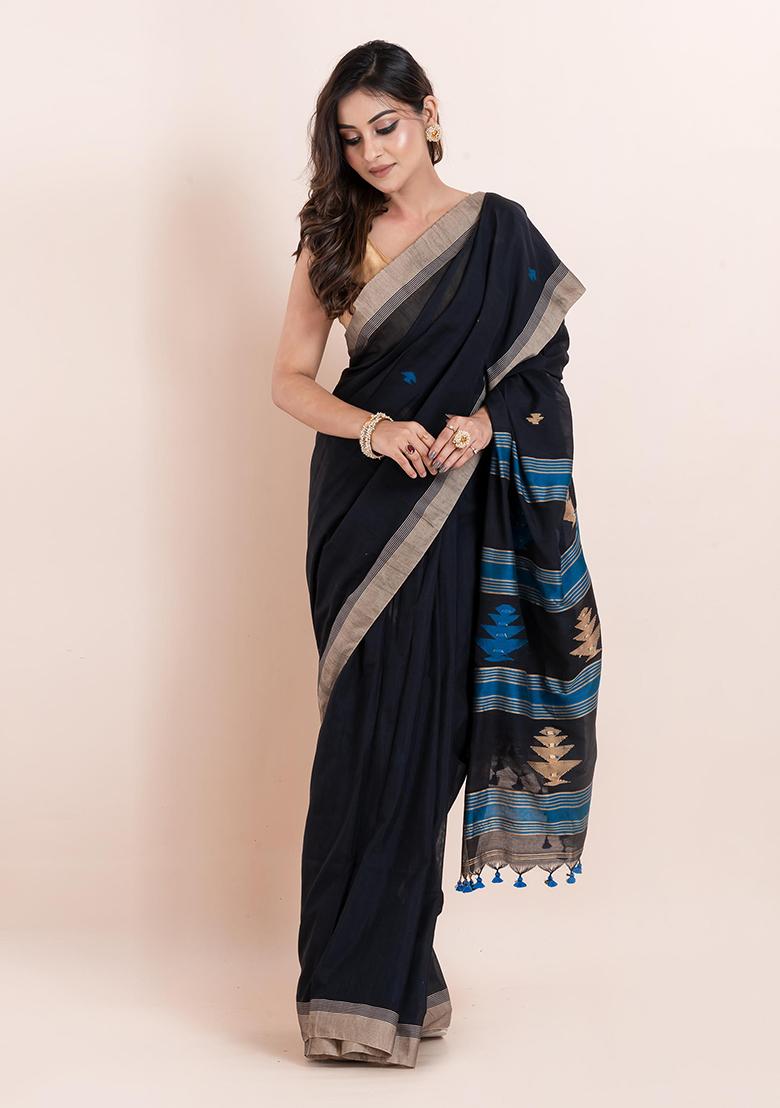 Black Printed Cotton Saree Set