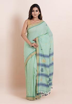 Sea Green Printed Cotton Saree Set