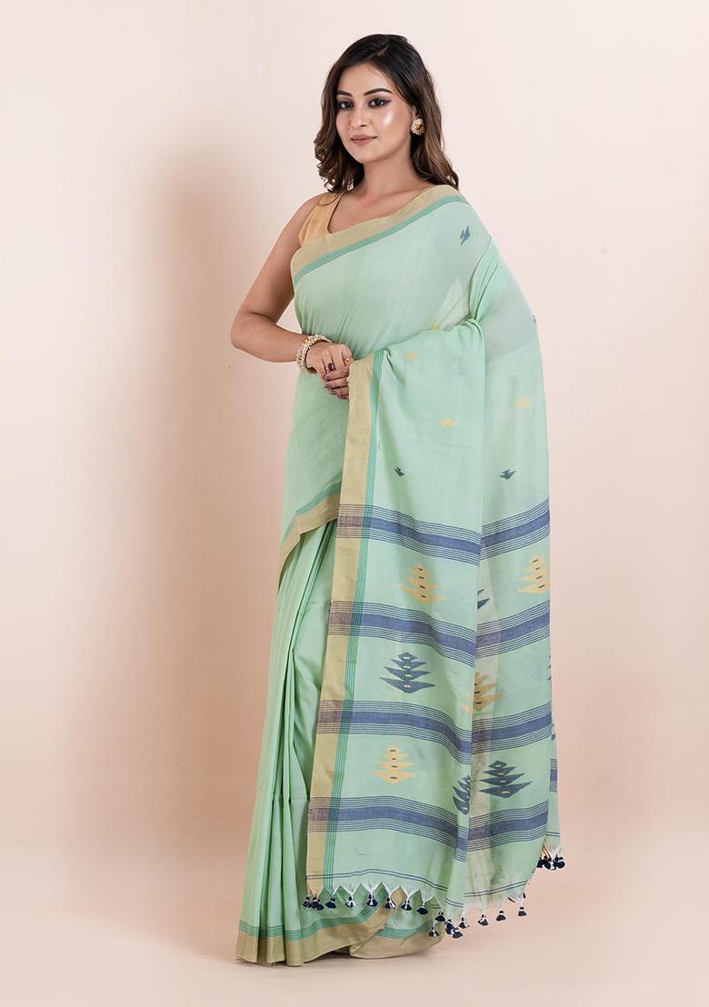 Sea Green Printed Cotton Saree Set