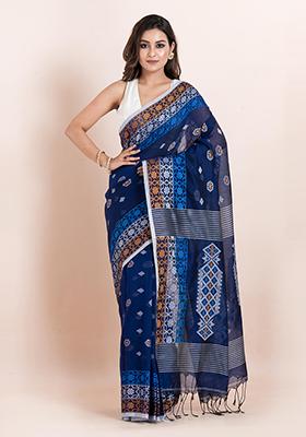 Blue Printed Cotton Saree Set