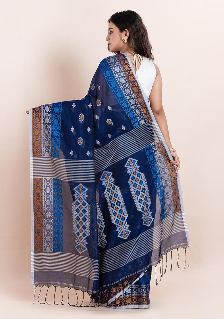 Blue Printed Cotton Saree Set