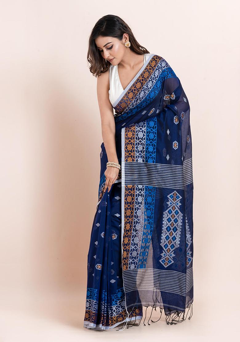 Blue Printed Cotton Saree Set