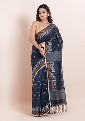 Grey Printed Cotton Saree Set