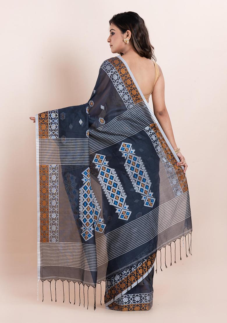 Grey Printed Cotton Saree Set